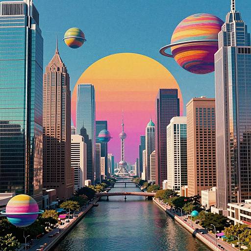 Digital art of a futuristic city with colorful, floating rings and a large, pink-orange sun setting over skyscrapers and a river.
