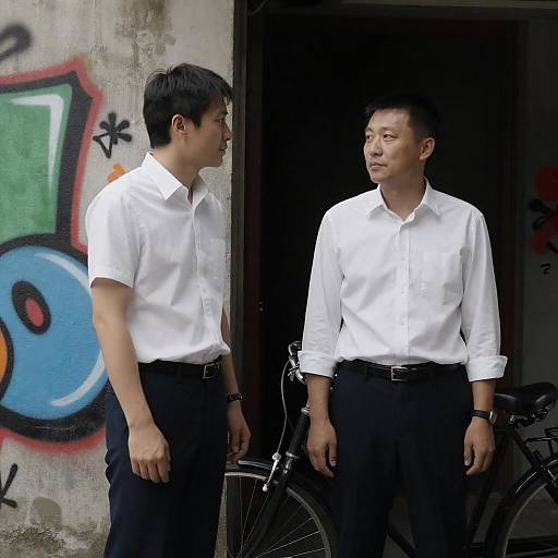 Two East Asian Men in White Shirts by Graffiti Wall and Bicycle