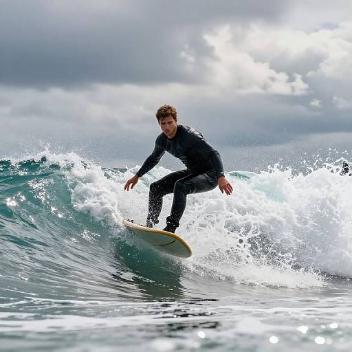 Photograph of a surfer in a black wetsuit riding a turquoise wave under a cloudy sky, with white water splashes around.