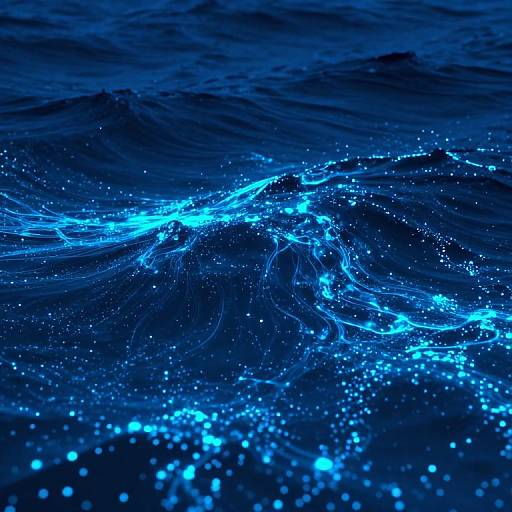 Photograph of glowing blue bioluminescent waves on dark ocean water, creating an ethereal, neon-like effect with bright, sparkling lights.