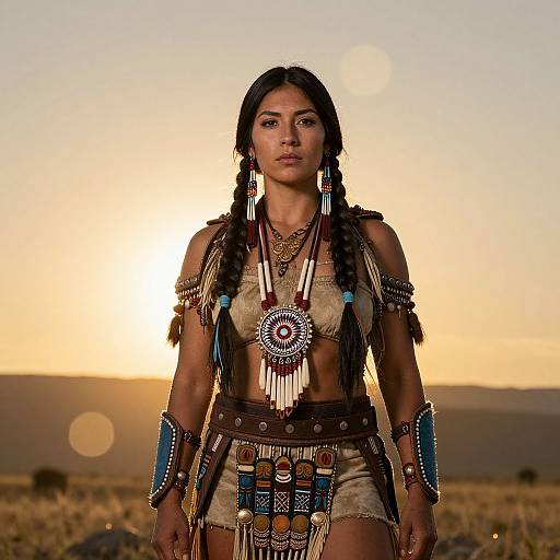 Photograph of a Native American woman with braided hair, wearing traditional beaded and feathered attire, standing in a sunset-lit desert landscape.