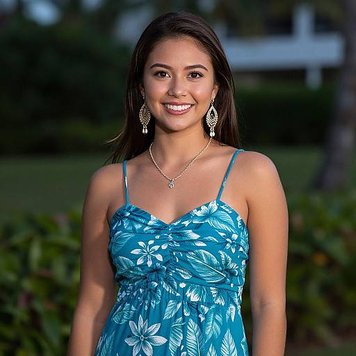 Photograph of a smiling young woman with long dark hair, wearing a blue floral dress, gold necklace, and earrings, standing outdoors.