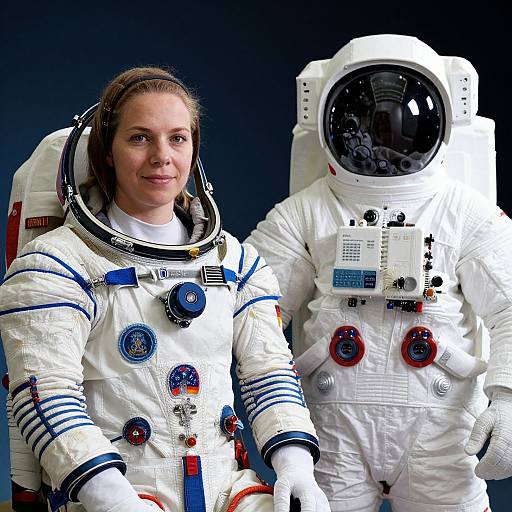 Photograph of a smiling Caucasian woman in a white NASA spacesuit with blue stripes, standing beside a full-size astronaut suit. Dark background highlights the detailed
