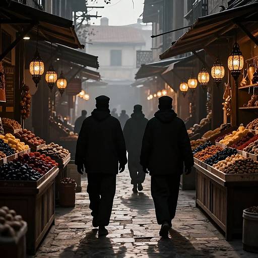Photograph of a dimly lit, narrow market street with silhouetted shoppers walking past colorful fruit stalls and hanging lanterns.