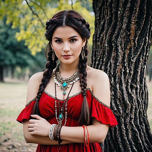 Woman in Red Dress with Braided Hair and Jewelry Outdoors