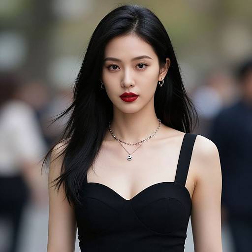Photograph of an East Asian woman with long black hair, red lipstick, black strapless dress, and silver necklace, standing confidently in a blurred outdoor