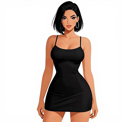Digital illustration of a confident woman with short black hair, wearing a tight, black, spaghetti-strap mini dress, and large hoop earrings, standing against