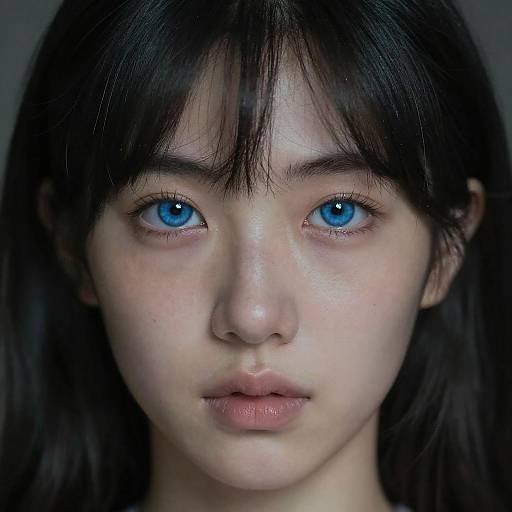 Photograph of an East Asian woman with striking blue eyes, pale skin, and straight black hair, looking directly at the camera.