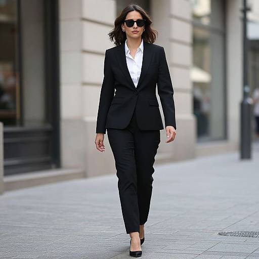 Photograph of a confident woman with wavy brown hair, wearing a black blazer, white shirt, black pants, and black heels, walking on
