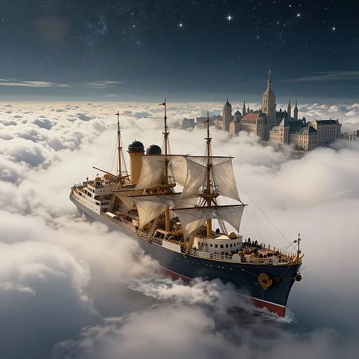 Steampunk Ship Cruising Through Clouds