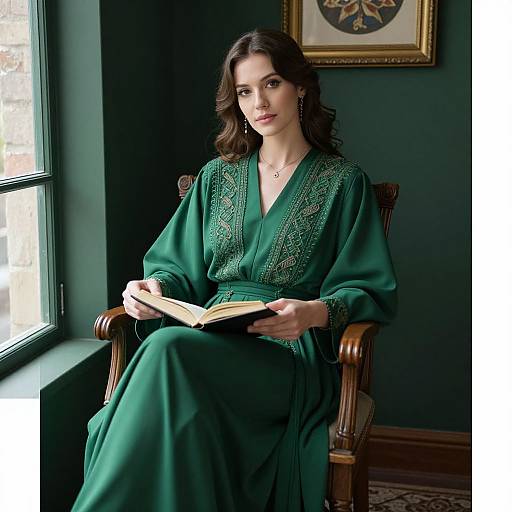Photograph of a fair-skinned woman with dark wavy hair, wearing an ornate green dress, sitting in a wooden chair by a window,