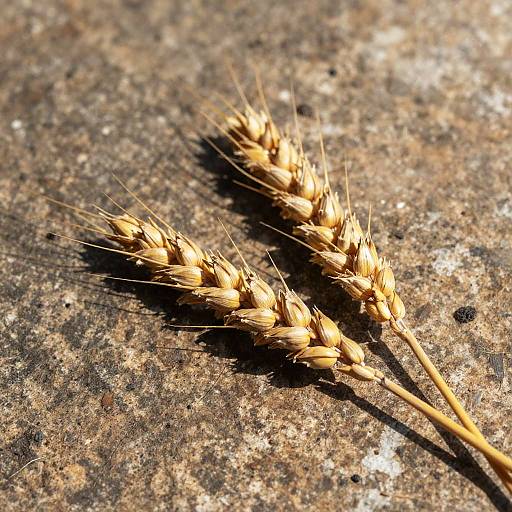 Two Golden Wheat Stalks on Stone Surface