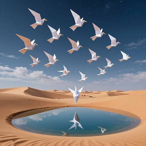 Digital art: White paper birds fly over a reflective desert oasis, with golden sand dunes and a clear blue sky.