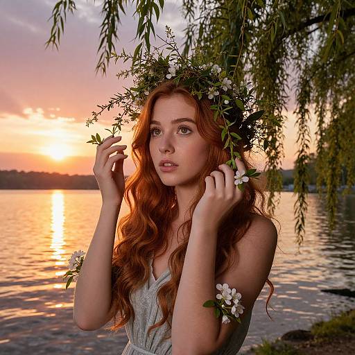 Photograph of a red-haired woman with a floral crown, wearing a light gray dress, standing by a sunset-lit lake, holding leaves.