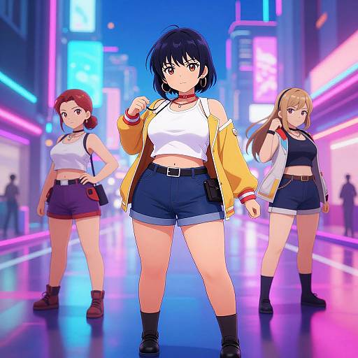 Digital anime-style illustration of three women in a neon-lit city street at night, wearing crop tops, shorts, and jackets, with vibrant pink and