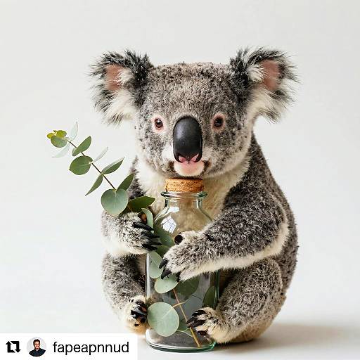 Photograph of a grey koala with white facial fur and black nose, holding a glass bottle with green eucalyptus leaves, white background