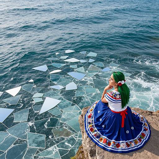 Photograph of a woman with green hair, wearing a blue, embroidered dress with red sash, sitting on a rocky shore, gazing at a