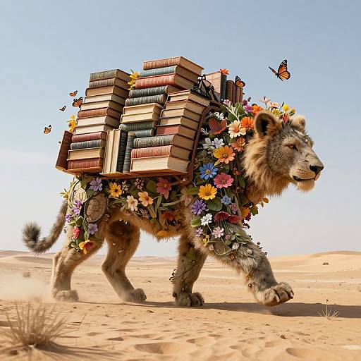 Digital illustration: A furry lion with a floral mane and heavy book-filled saddle walks through a sunny desert, surrounded by butterflies.