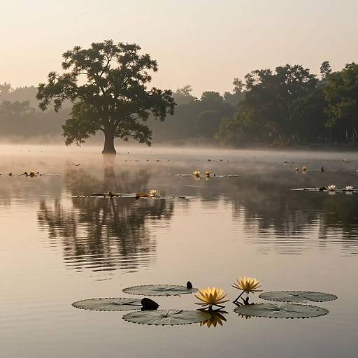 Photograph of a tranquil, misty sunrise over a still pond with a single tree, lily pads, and yellow water lilies.