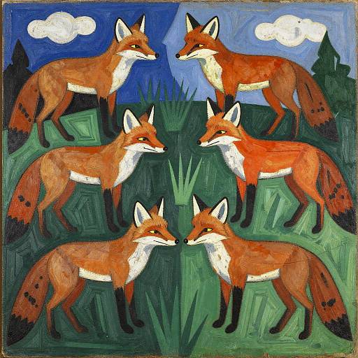 Painting of six red foxes with white bellies, standing on green hills under a blue night sky with white clouds.