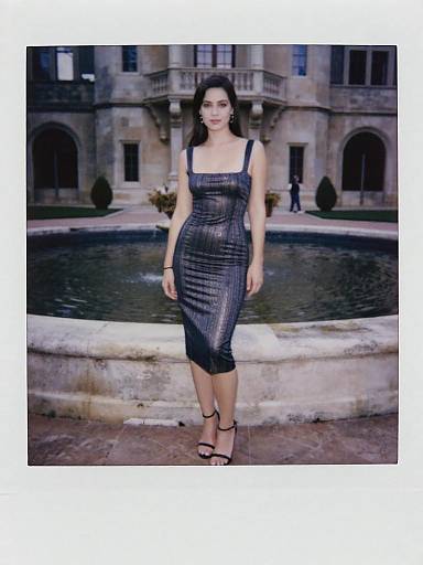 Photograph of a woman with fair skin and dark brown hair, wearing a black, striped, sleeveless, knee-length dress and black sandals, standing