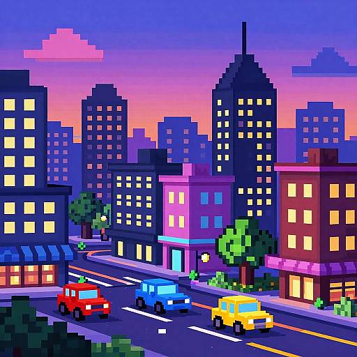 Pixel Art Vibrant Cityscape at Dusk