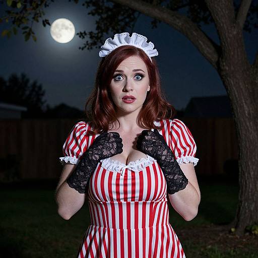 Photograph of a surprised woman with fair skin and red hair, wearing a red and white striped maid dress, black lace gloves, and a white head