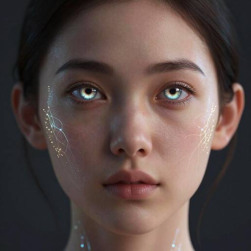 Digital art portrait of a young woman with glowing blue eyes, dark hair, and ethereal light patterns on her cheeks and neck. Dark background enhances her