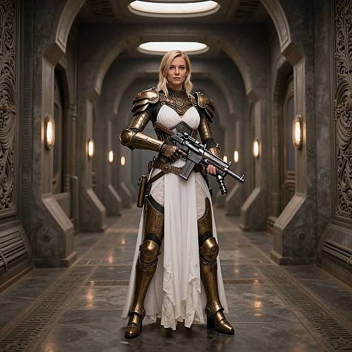 CGI image of a blonde woman in golden armor and white dress, holding a rifle, standing in a dimly lit, ornate hallway.