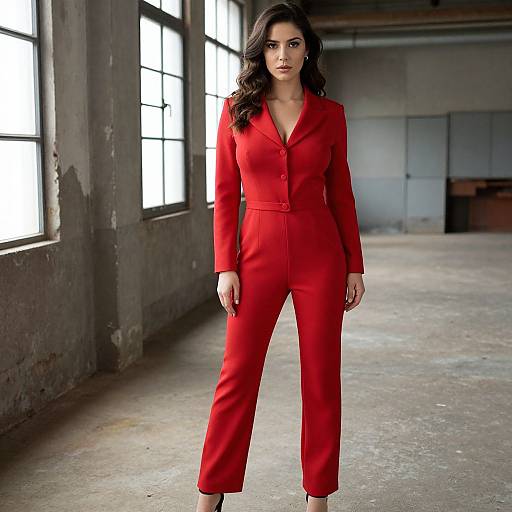 Photograph of a confident woman with wavy dark hair, wearing a red buttoned blazer and matching pants, standing in a dimly lit industrial