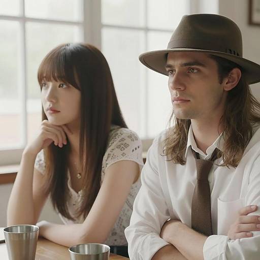 Stylish Couple Sitting with Metal Cups