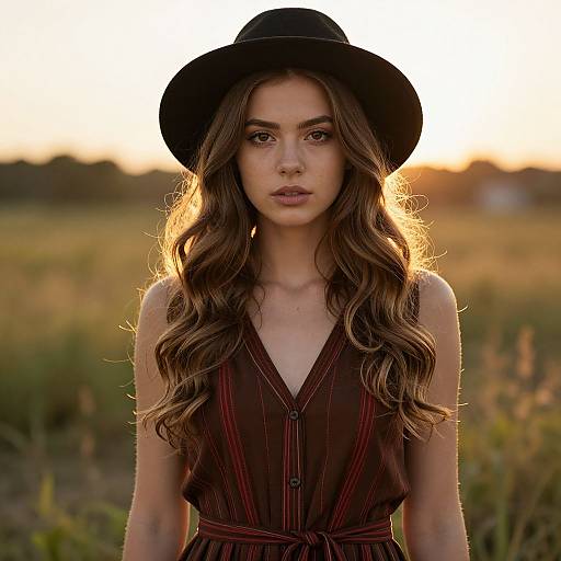 Photograph of a young woman with long wavy brown hair, wearing a black hat and deep red striped dress, standing in a sunlit field at