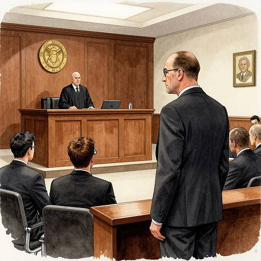 Photograph of a courtroom with a judge in black robes at the wooden bench, surrounded by five men in black suits, one standing, others seated;