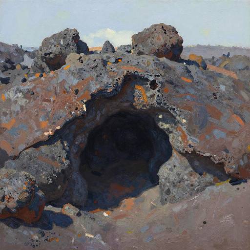 Impressionist-style painting of a dark, rocky cave entrance with rugged, textured rocks in shades of gray, orange, and brown.