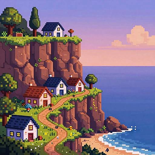 Pixel Art Cliffside Village Scene