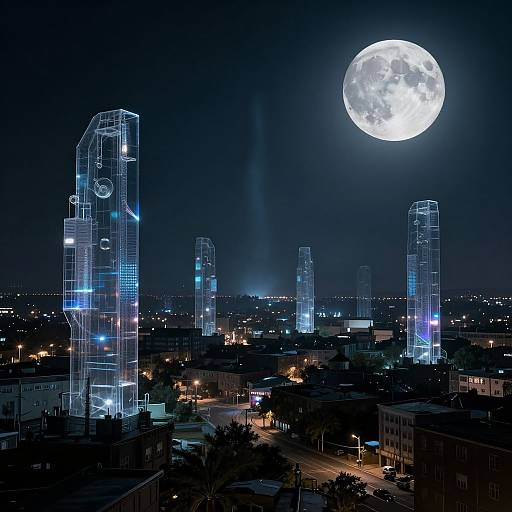 Digital artwork: Futuristic cityscape at night with glowing blue skyscrapers, illuminated by a large, bright full moon in the dark sky.