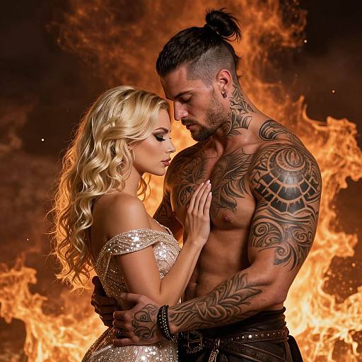 Photograph: Tattooed, topless man with man bun, muscular, embraces blonde woman in sequined dress, fiery background, intense gaze, passionate