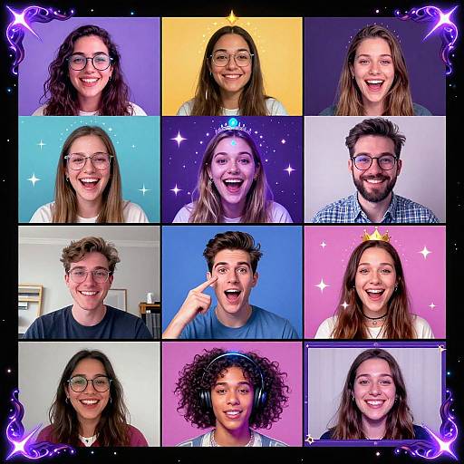 Grid of nine colorful portraits of diverse, smiling young adults with glasses, wearing casual clothes, against vibrant backgrounds with sparkles.