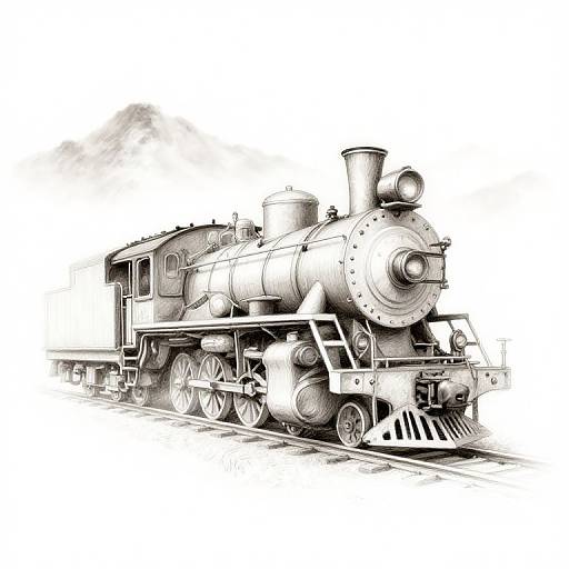 Black-and-white pencil drawing of a vintage steam locomotive on railway tracks, detailed with smokestack, large wheels, and intricate engine design.