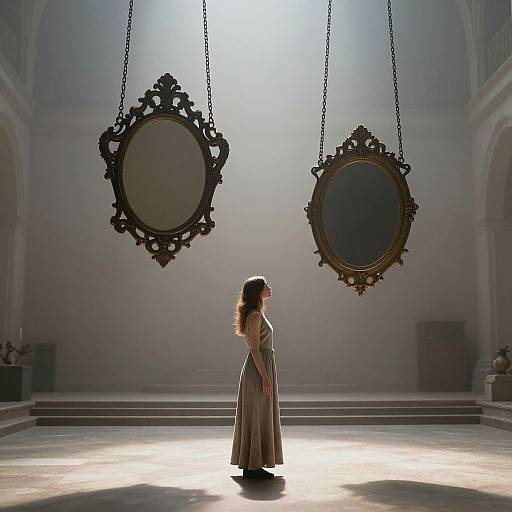 Photograph of a woman in a flowing dress standing in a dimly lit, arched gallery, with two ornate, empty, hanging portraits above