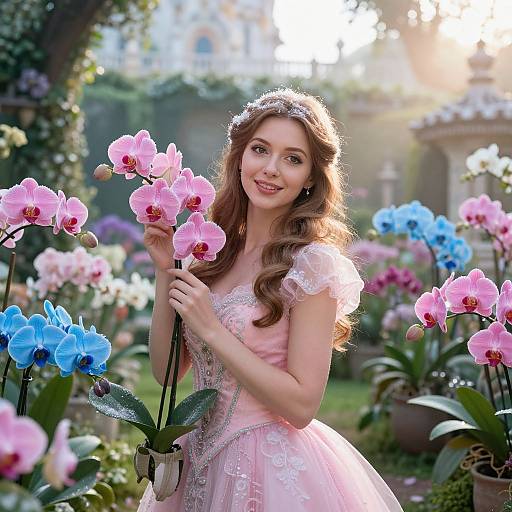 Photograph of a smiling young woman with long brown hair, wearing a pink floral dress and tiara, holding pink orchids in a sunlit garden