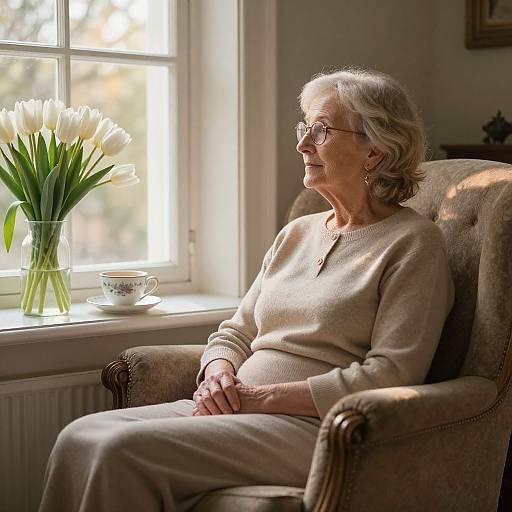 Photograph of elderly woman with short gray hair, glasses, beige sweater, and pants, sitting in armchair by sunlit window, white tulips