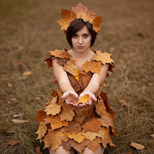Photograph of a young woman with short black hair, wearing an autumn leaf dress, holding a leaf, in a grassy field.