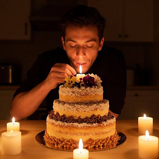 Photograph of a man with short brown hair, black shirt, lighting a candle on a two-tiered, sugar-iced cake surrounded by candles in