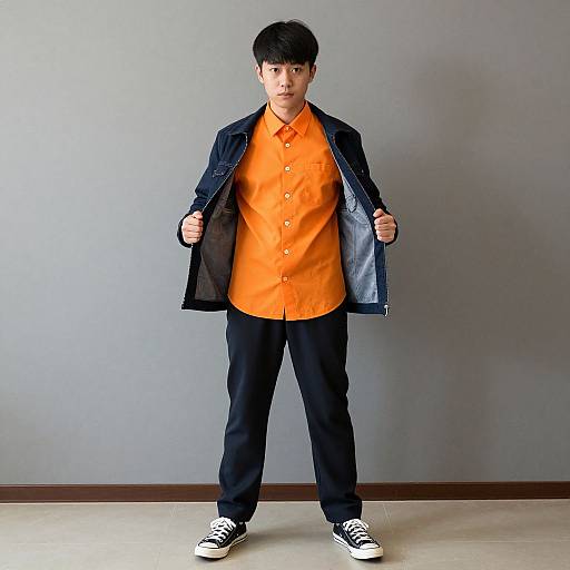Photograph of a young Asian boy with short black hair, wearing an orange shirt, black pants, black jacket, and black Converse sneakers, standing