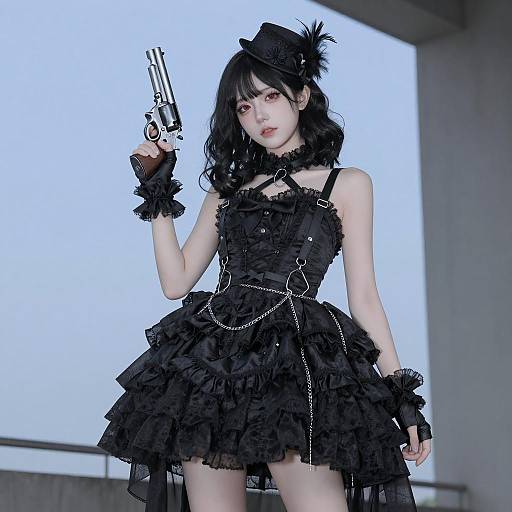 Gothic Elegance: Young Woman with Revolver