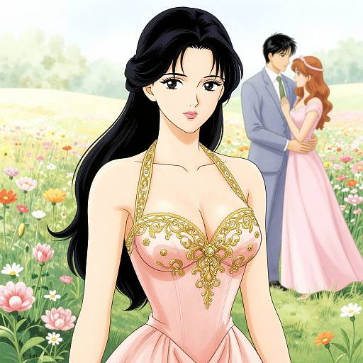 Digital anime-style drawing of a black-haired woman in a pink, gold-embroidered dress, standing in a flower-filled meadow, with a