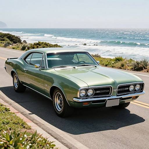 Photograph of a green 1970s muscle car with chrome accents, parked on a coastal road with ocean waves in the background.