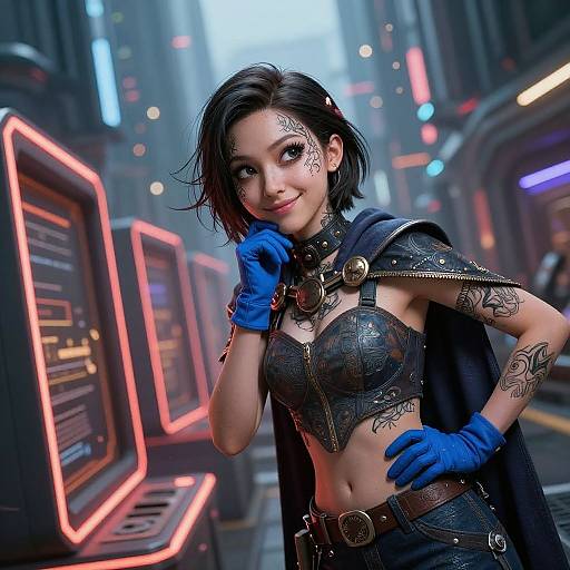 Digital art of a tattooed, black-haired woman with blue gloves, leather armor, and a cape, smiling in a neon-lit cyberpunk street