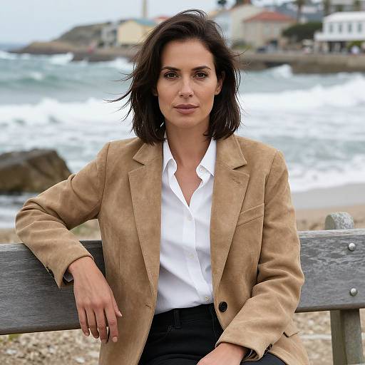 Photograph of a confident woman with shoulder-length dark hair, wearing a beige suede blazer and white shirt, sitting on a beachfront wooden bench,